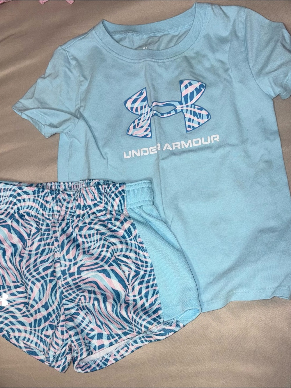 Under Armour Baby Blue Tee with Pink & Navy Patterned Logo and Shorts